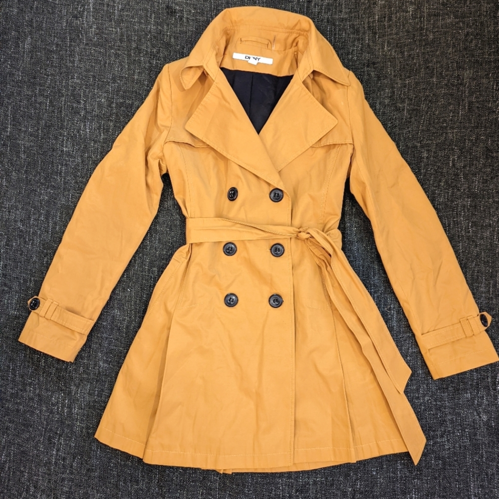 Mustard yellow DKNY double breasted trench coat, size small, detachable hood